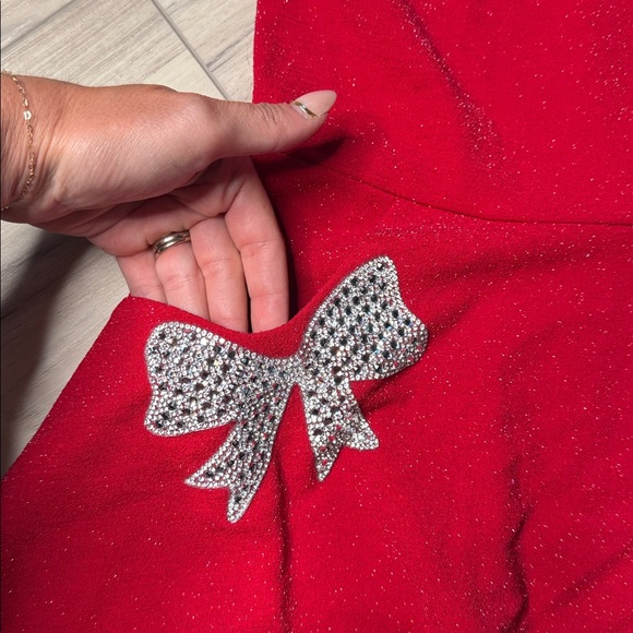 Bonnie Jean Sparkling Red Dress with Silver Bow Details - Picture 2 of 6